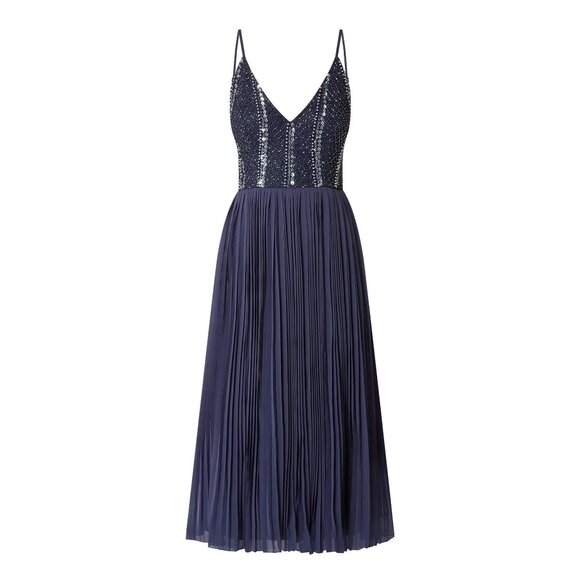 Lace & Beads Embellished Pleated Chiffon Cocktail Dress Midi Dress Blue Size S - Picture 5 of 11